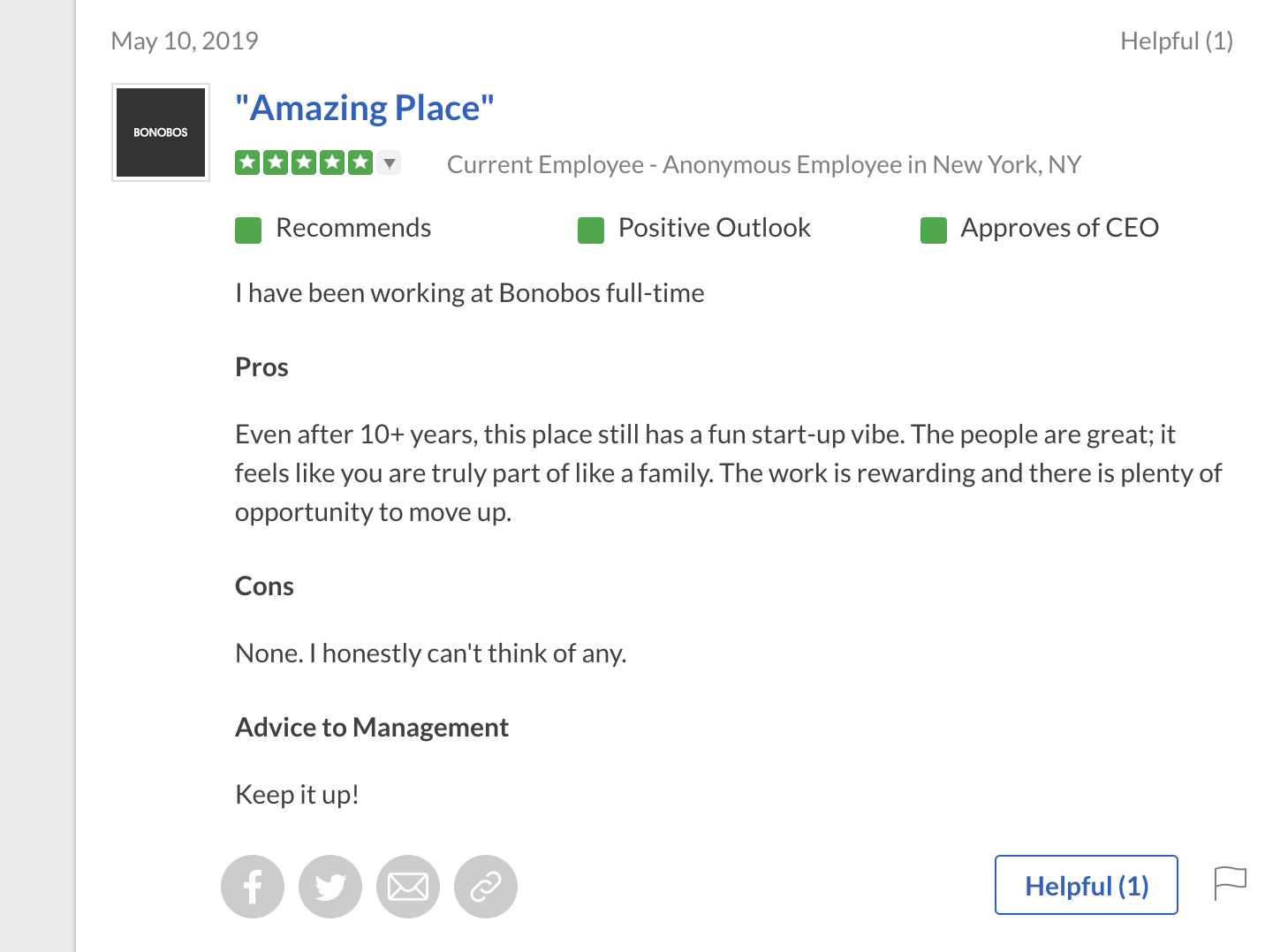 Here’s an example of a Glassdoor company review of Bonobos.