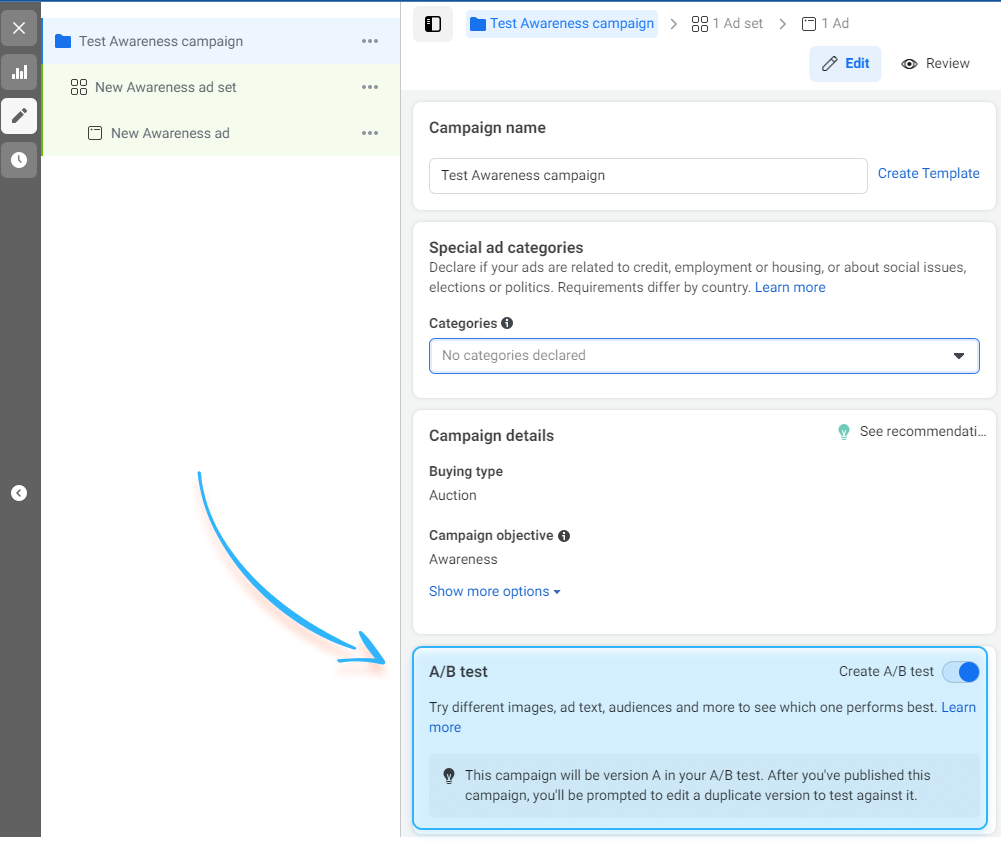 Facebook A/B test ad settings