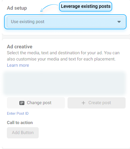 Facebook ad settings - leverage existing page posts