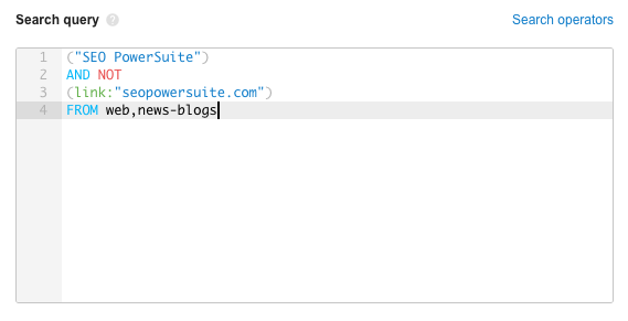 This query will fetch web pages that don’t have links to seopowersuite.com