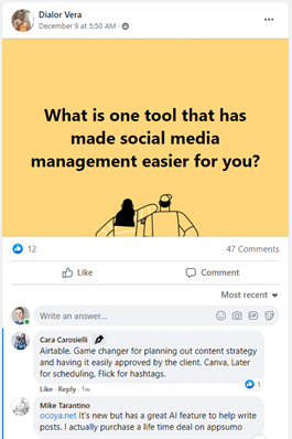 Example of a post in FB group "Social Media Managers"