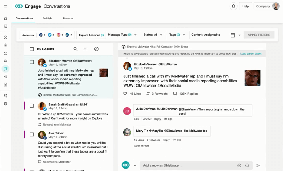 Meltwater interface: tweets and Facebook posts