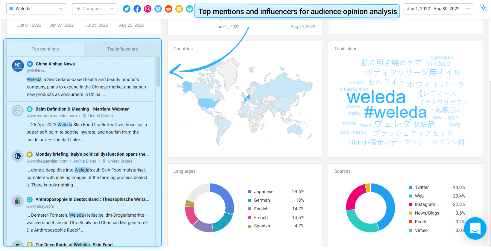 Awario dashboard with example of top influencers and top mentions widget