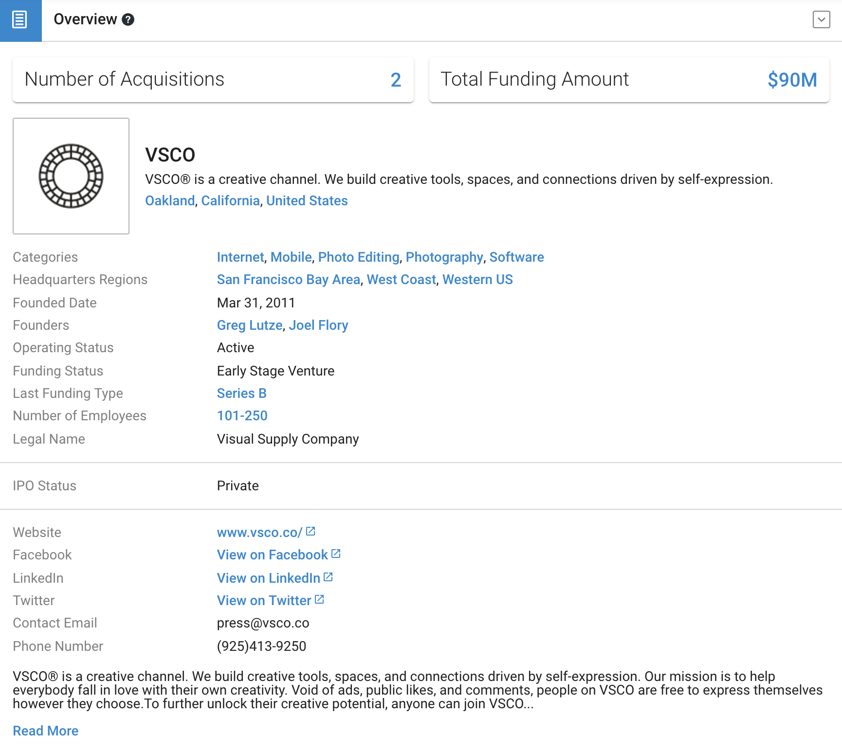 Here’s a sample Crunchbase company profile of VSCO, an image- and video-editing app.