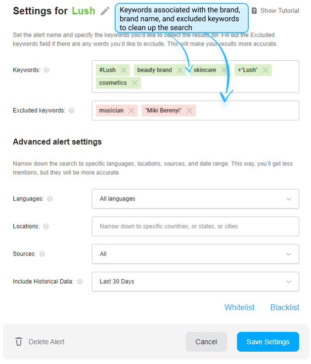 Alert settings for Lush cosmetics brand