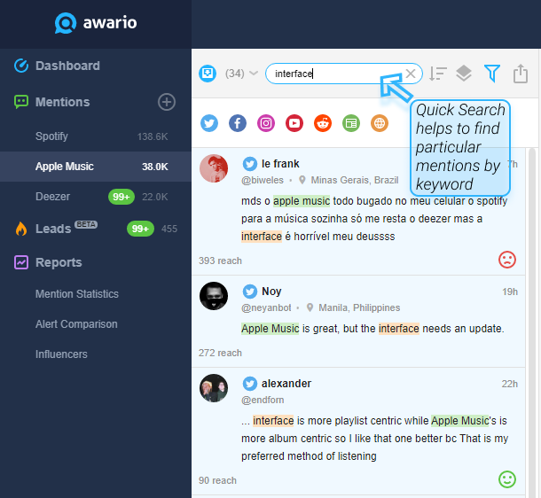 The Quick Search feature in Awario helps you filter your mentions