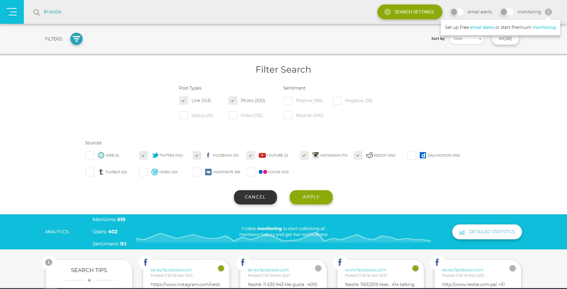 Social Searcher interface
