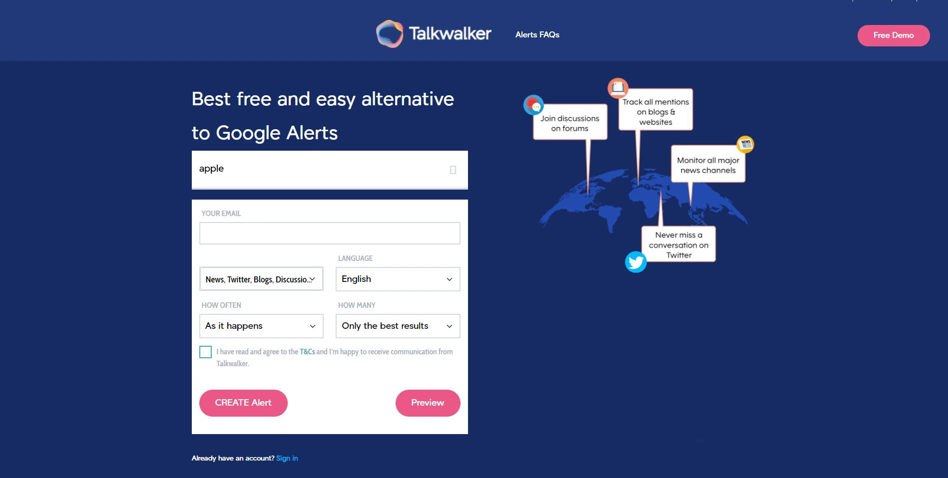 Talkwalker Alerts interface