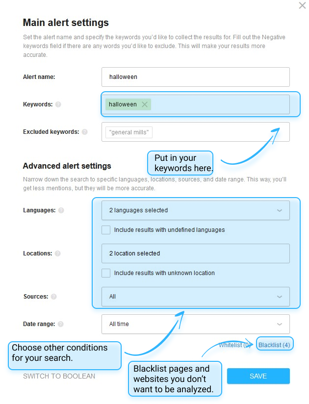 Social listening alert settings