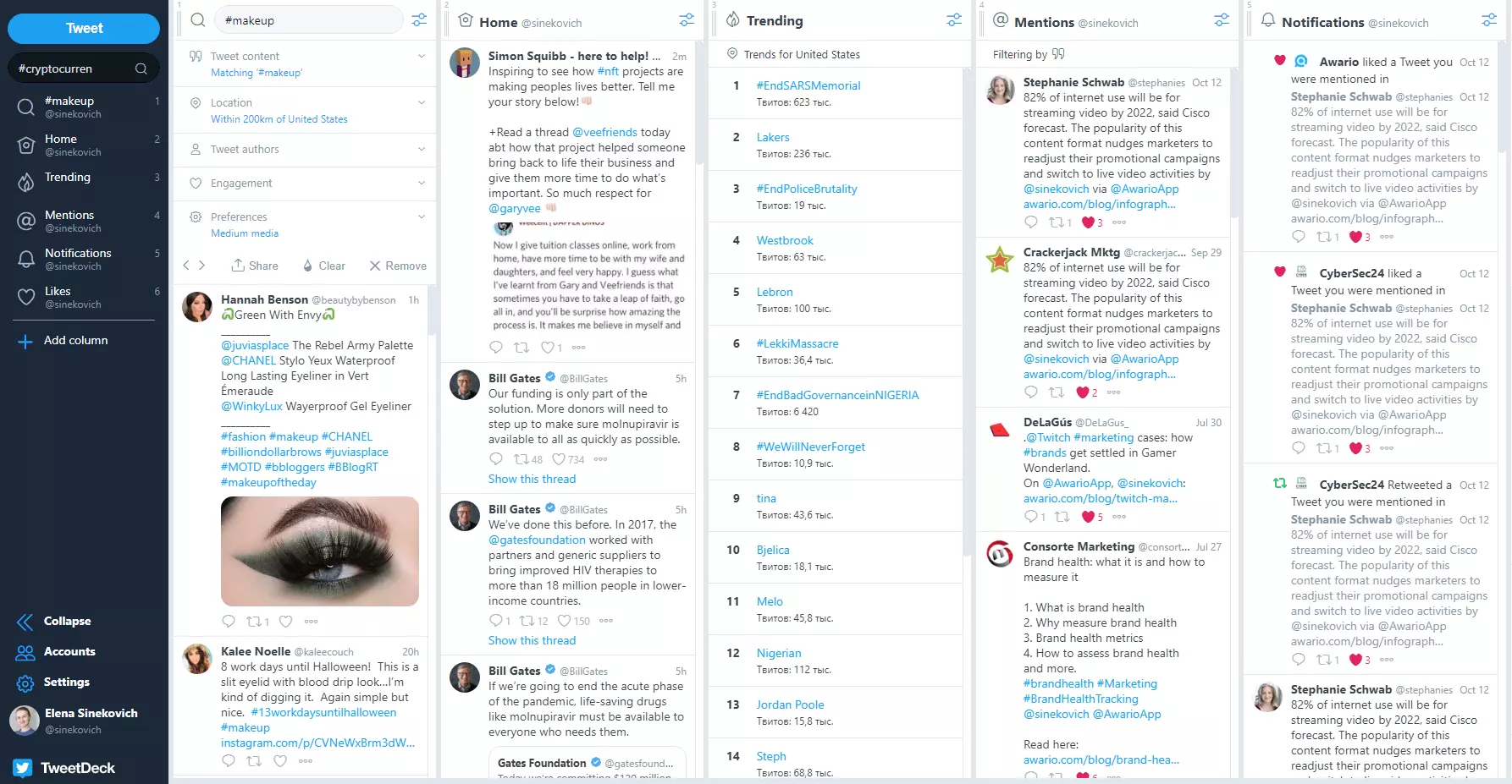 Tweetdeck interface: feeds with tweets, likes, trends