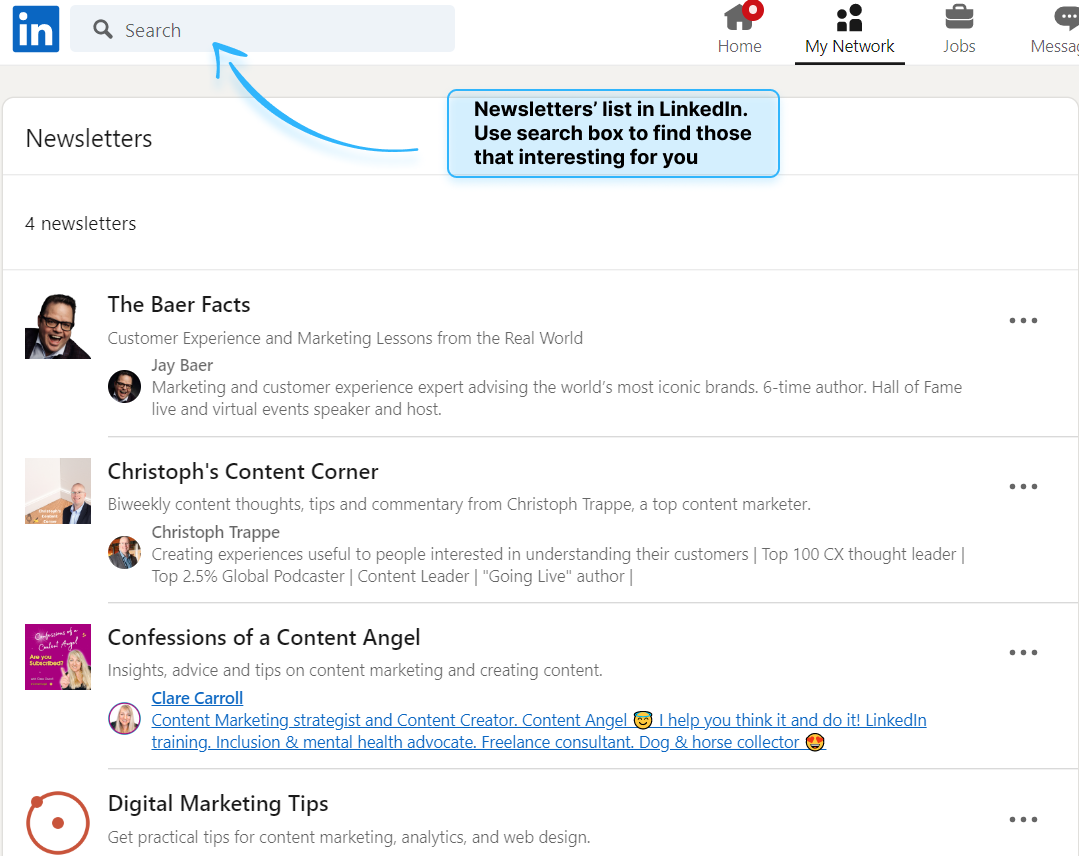 Newsletters' list in LinkedIn