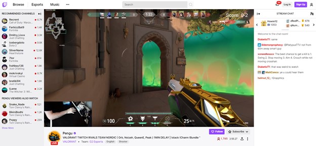 The stream interface is straightforward with basic controls found at the bottom of the video window, streamer information under it, collapsible live chat on the right side, and recommendations on the left.