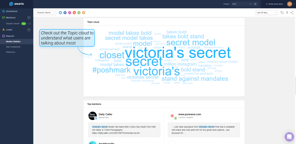 The Topic cloud for Victoria's Secret. Screenshot from Awario