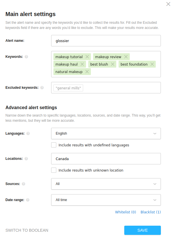 Awario's alert settings for Influencer search