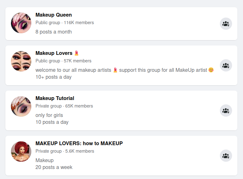 The screenshot of Facebook groups