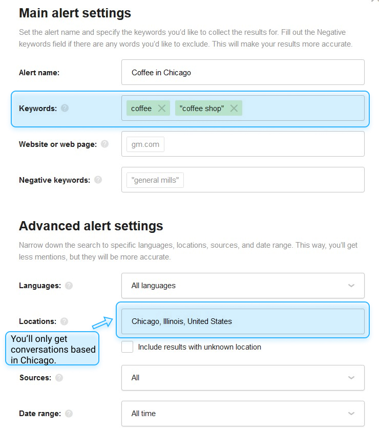 Awario settings demonstrating location filter