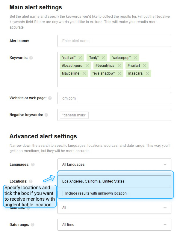 Location settings in Awario