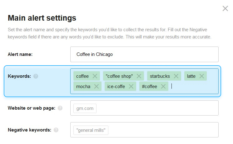 Awario's main alert settings for social media monitoring