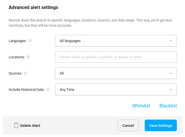 Advanced alert settings. Screenshot from Awario