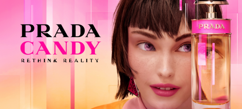 A poster from Prada's candy campaign featuring a virtual influencer