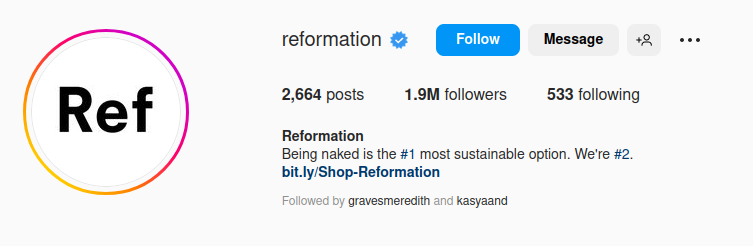 A screenshot of Reformation's Instagram profile
