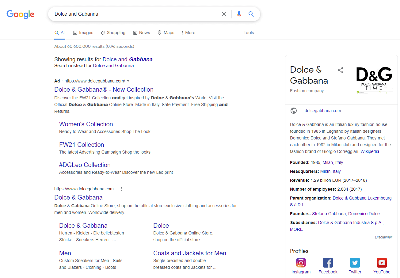 Dolce and Gabbana SERP