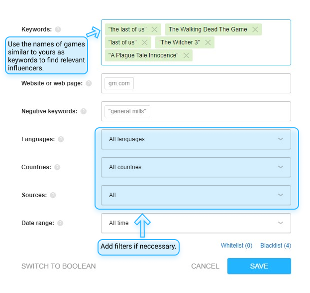 A screenshot with social listening alert settings to find influencers in the gaming industry.