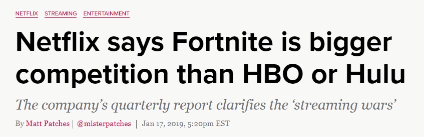 This is a screenshot from the Polygon'a article titled Netflix says Fortnite is bigger competition than Hulu