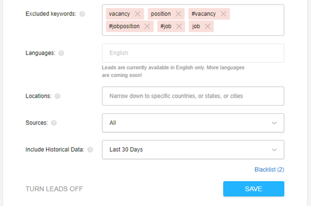 Awario Leads settings