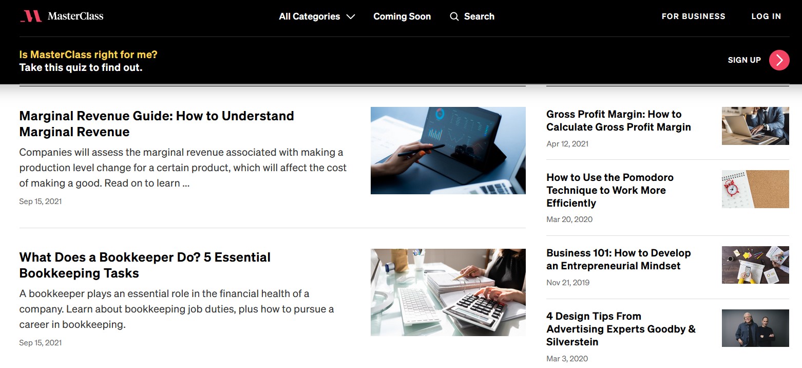 Articles on MasterClass website