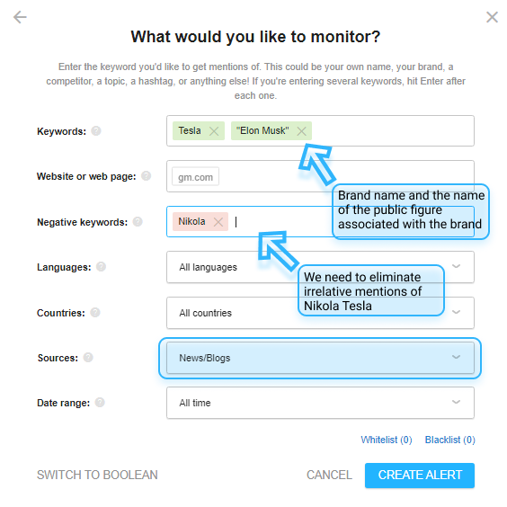 An example of alert settings for news monitoring