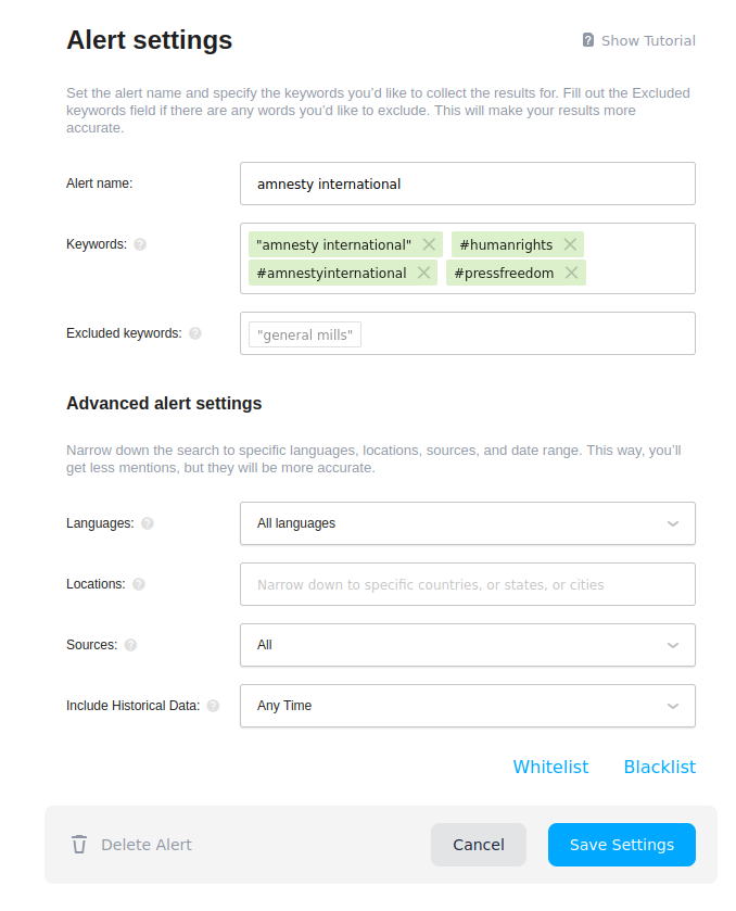 A screenshot of Awario's settings for Amnesty International