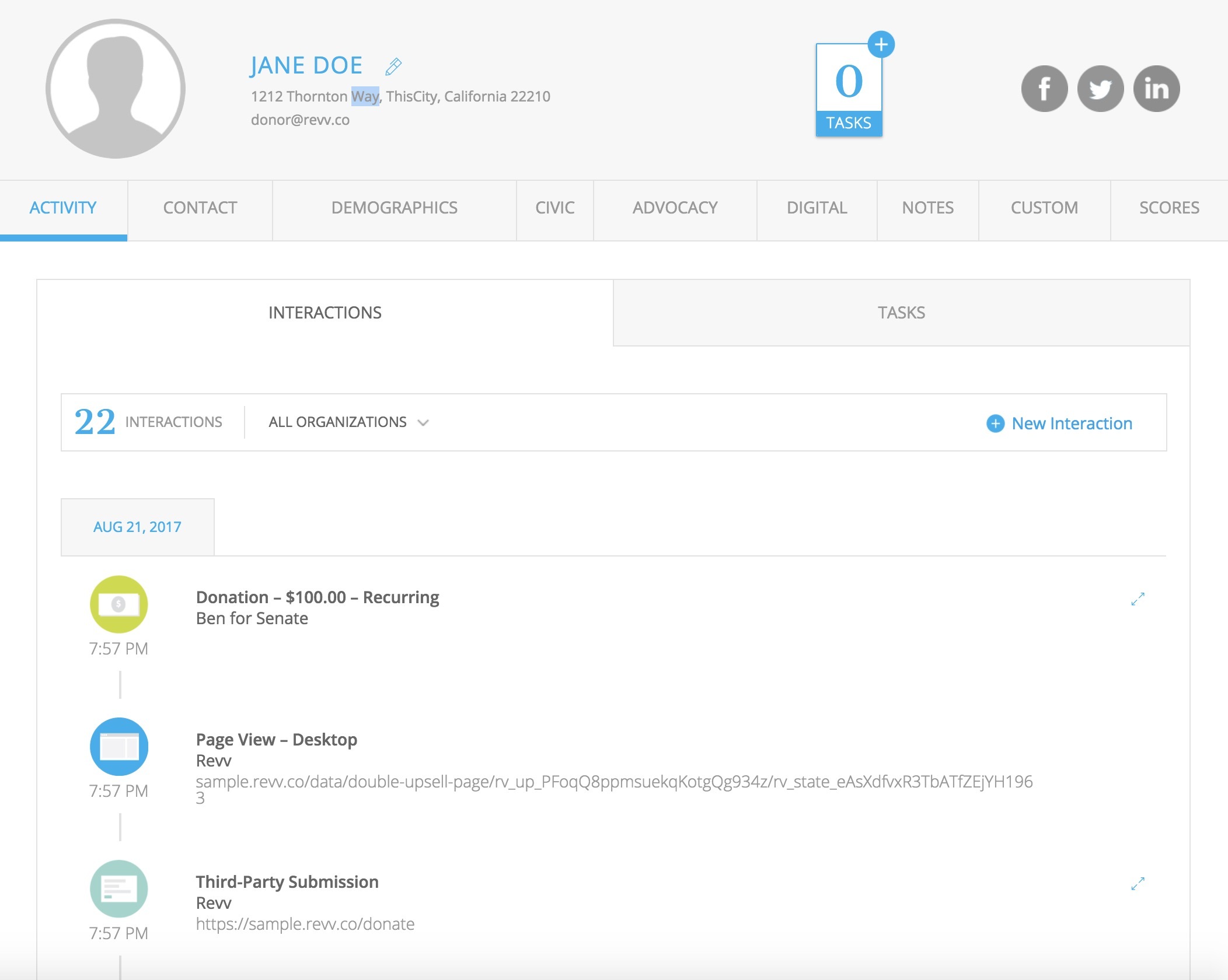 The screenshot of Revv's donor management dashboard