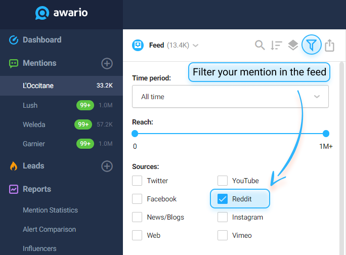 Mentions filter in Awario helps concentrating on sources you need