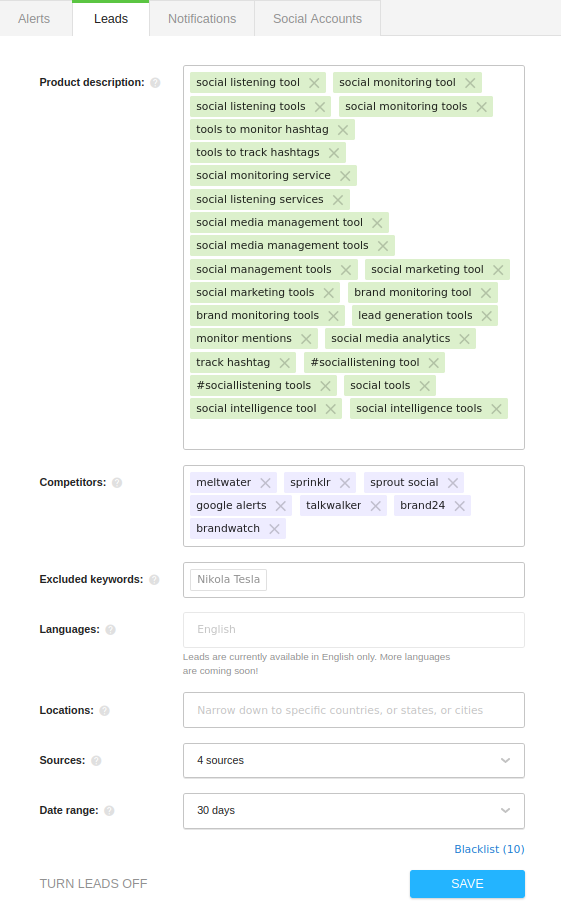 Awario Leads settings