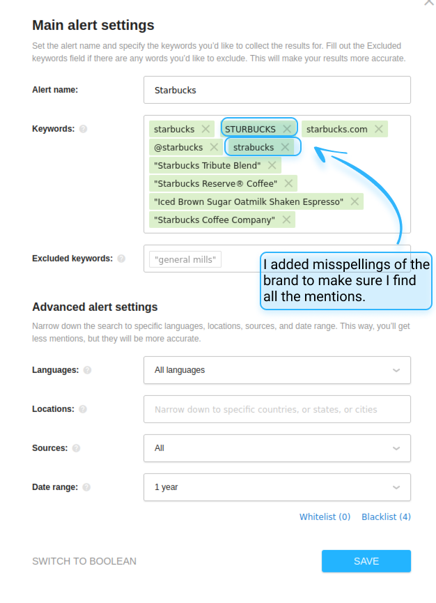 A social listening alert with different keywords