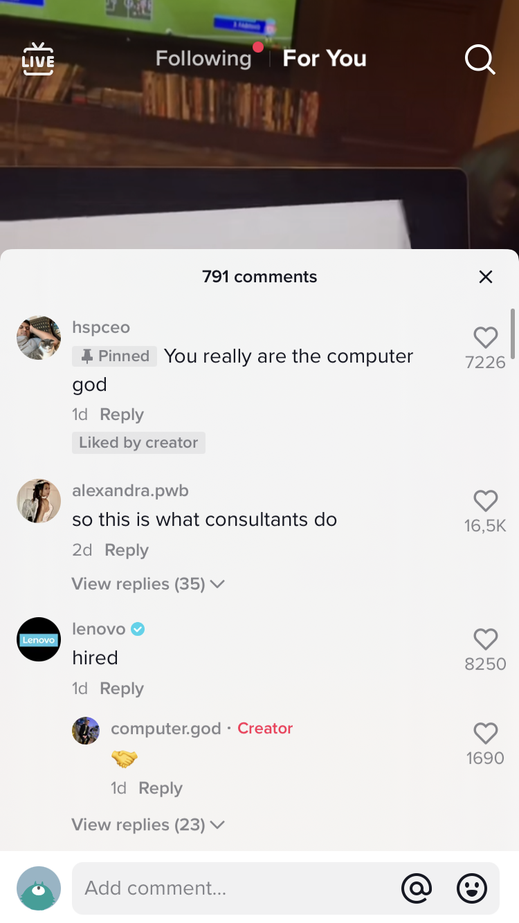 Comments from Lenovo on TikTok