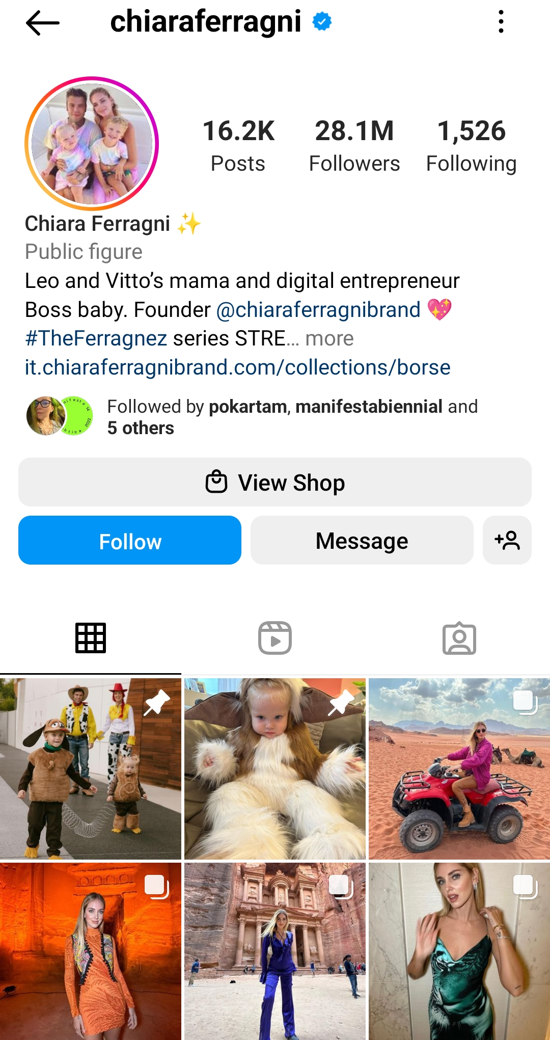 A screenshot of Chiara Ferragni's Instagram profile