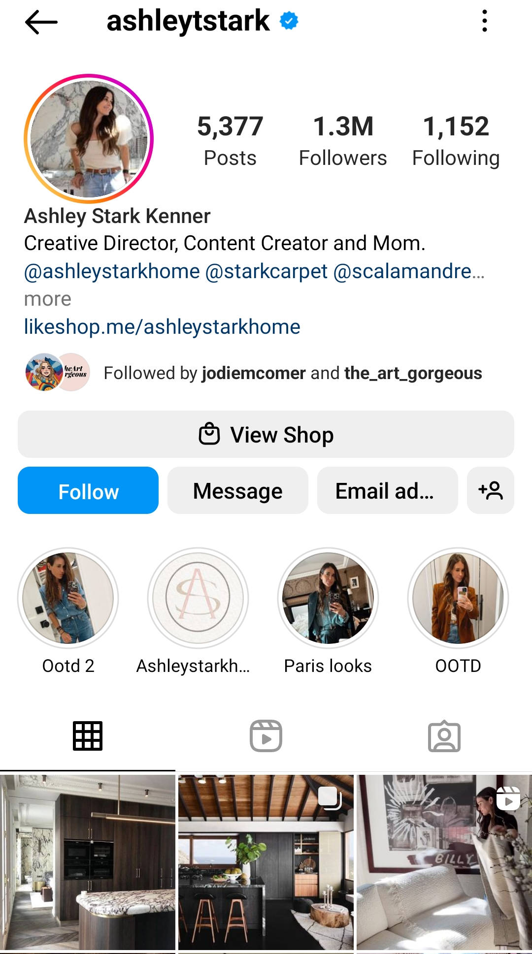 A screenshot of Ashley Stark Kenner's Instagram profile