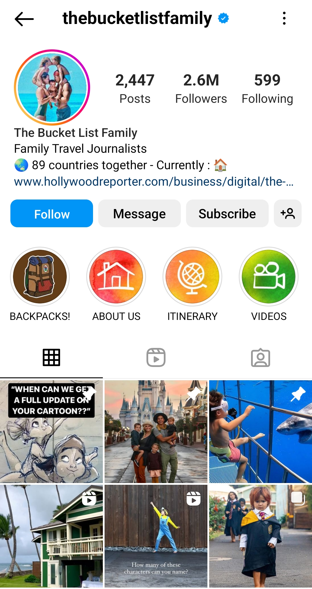 A screenshot of thebucketlistfamily Instagram profile