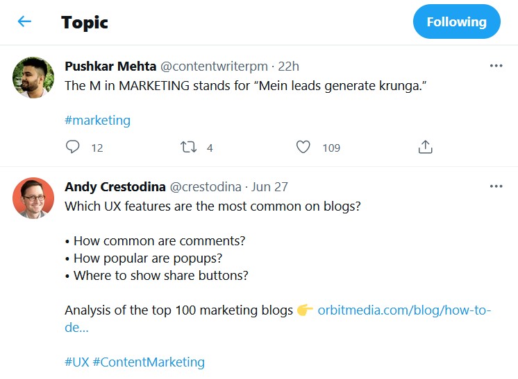 A screenshot og marketing-related tweets