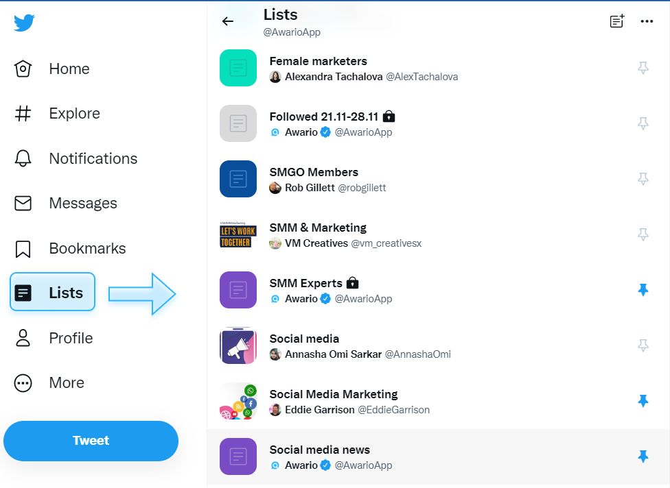 Twitter lists example