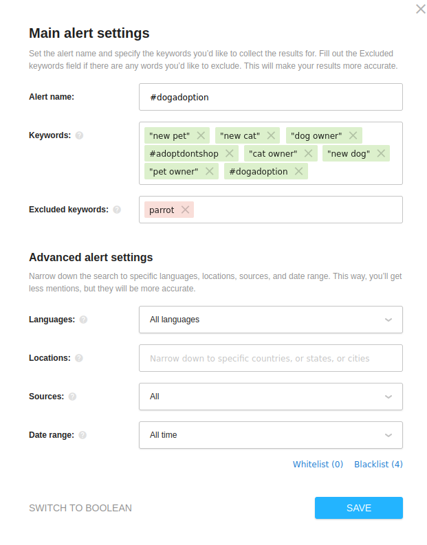 Social listening alert settings