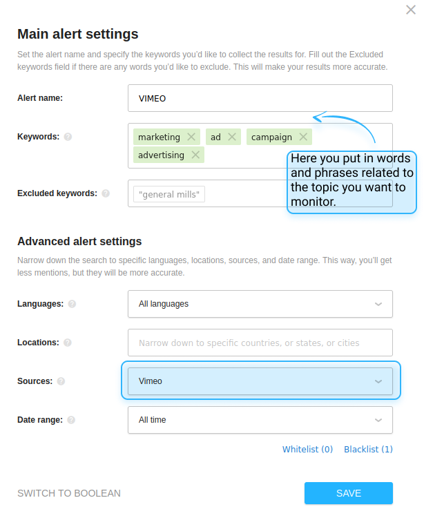 Settings for social listening alert for Vimeo